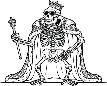 Gorilla skeleton wearing a royal crown and ermine cape holding a golden scepter.