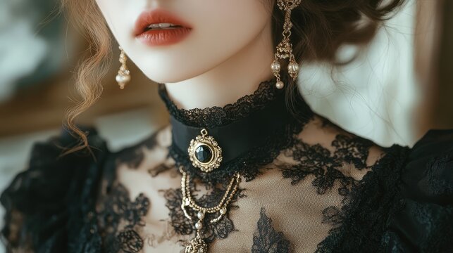 Elegant woman wearing vintage black lace choker and ornate gold jewelry in gothic style