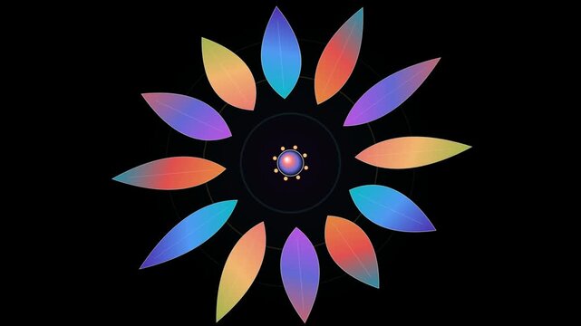Vibrant Abstract Flower Mandala with Gradient Petals on Black Background