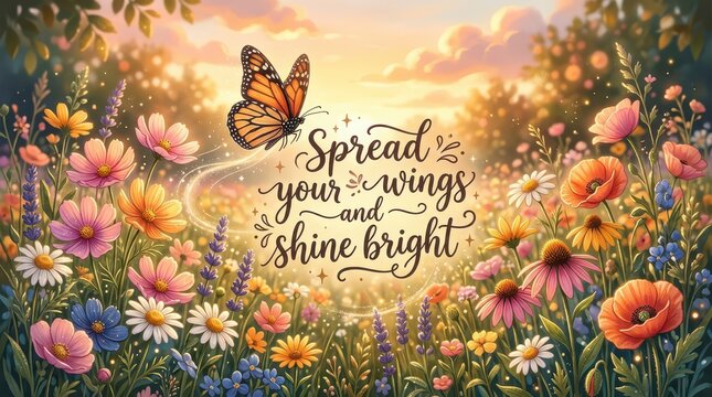 Inspiring message "Spread your wings and shine bright" with a Monarch butterfly and vibrant wildflowers at sunrise