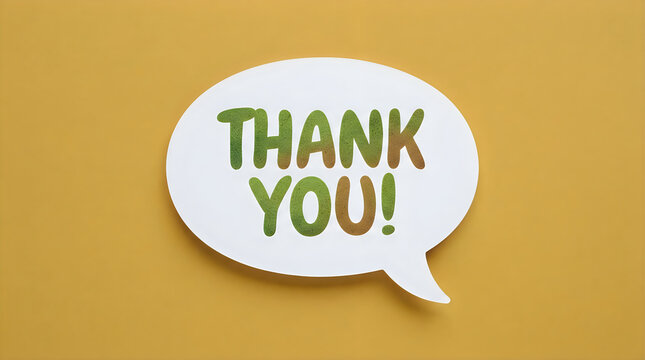Thank you handwritten text on speech bubble paper cutout over solid yellow background