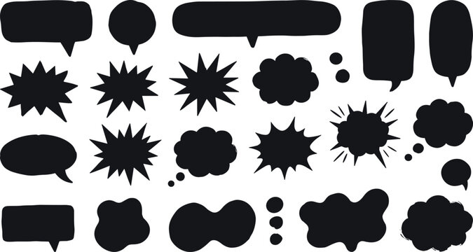 Black hand drawn speech bubble and burst sticker set. Bold black doodle speech bubbles, comic starburst shapes, cloud thought bubbles and abstract label cutouts, grunge scrapbook collage elements, pla