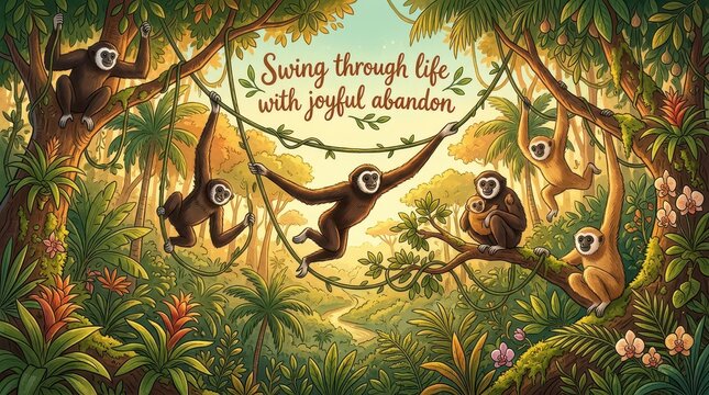 Joyful gibbons swinging through lush jungle vines with a tropical forest background and inspirational quote