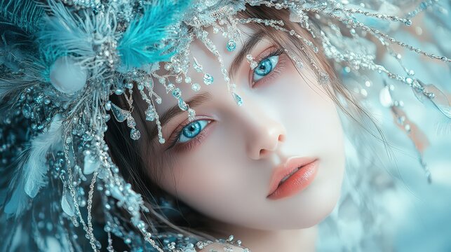 Portrait of a beautiful woman with winter ice makeup and crystal crown accessories.