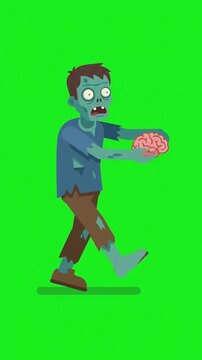 Cartoon zombie walking with brain on green screen. Animated zombie walking and holding a brain for video editing