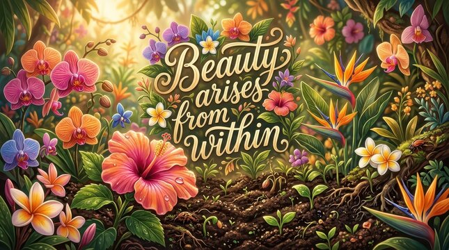Lush Tropical Garden with Vibrant Flowers and Inspirational Quote 'Beauty Arises From Within'