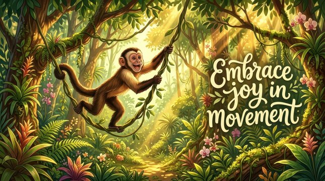 Joyful monkey swinging on vines in a lush, sun-dappled jungle with inspirational text "Embrace joy in movement"