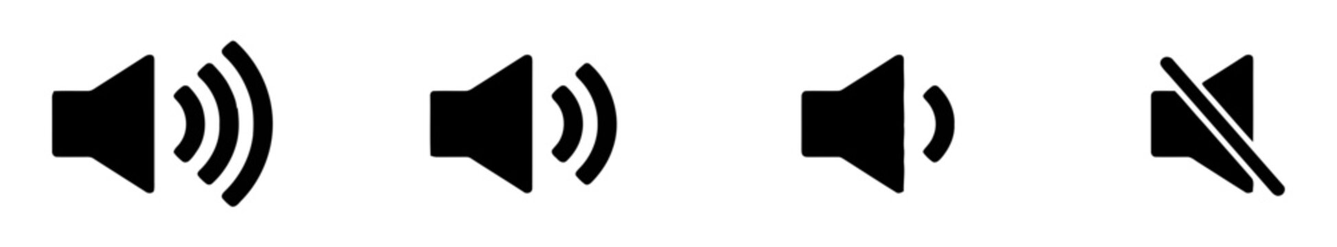Collection of volume control speaker icons with varying sound levels and a mute function minimalist application pictogram isolated controls settings communication technology streaming