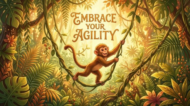 Joyful monkey swings on vines in a lush jungle, embracing agility and nature's adventure with inspirational text