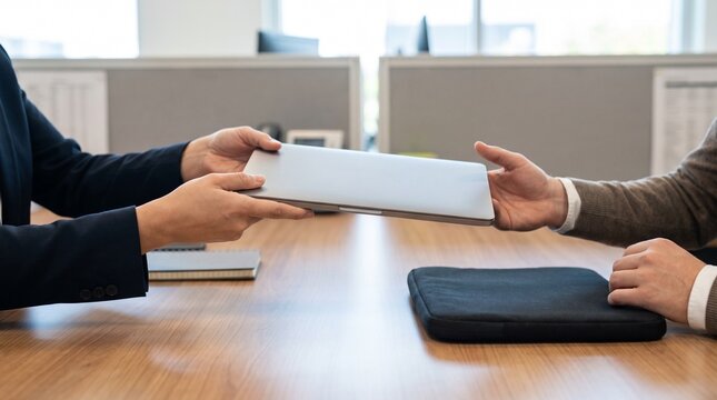 Manager handing company laptop to new employee during corporate onboarding equipment allocation and workplace orientation process