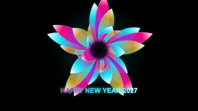 Happy New Year 2027 Abstract Colorful Flower Design on Black