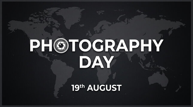 World Photography Day graphic with world map and camera lens aperture icon.