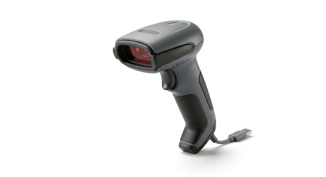 Handheld digital barcode scanner isolated on a white background.