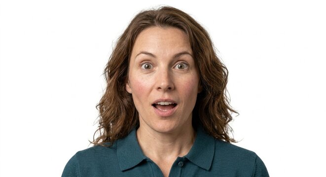 Portrait of a surprised woman with brown hair looking at the camera.
