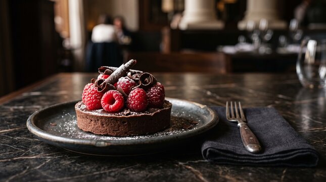 Elegant dark chocolate tart topped with fresh raspberries and chocolate curls, luxurious patisserie dessert with dramatic lighting and premium food styling.
