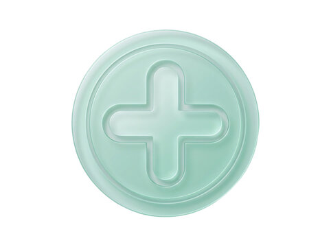 Glassmorphic medical cross icon design | Minimalist plus sign 3D glass button | Mint green translucent medical symbol | Modern UI design glassmorphism elements | High quality health care logo concept