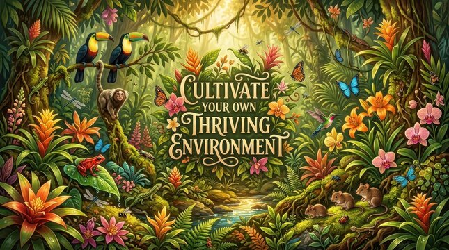 Lush Tropical Rainforest with Diverse Wildlife and Inspirational Text "Cultivate Your Own Thriving Environment"