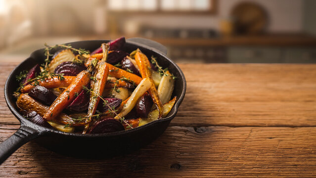 Roasted root vegetables with fresh thyme in skillet with blurred kitchen background banner.