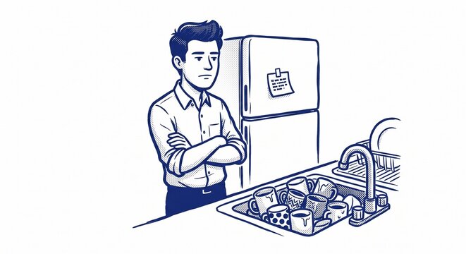 Passive Aggressive Kitchen Note Office Worker Monochrome Blue Line Art Illustration Isolated White Corporate