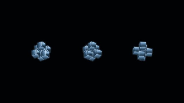 Three metallic geometric forms rotating in a dark space