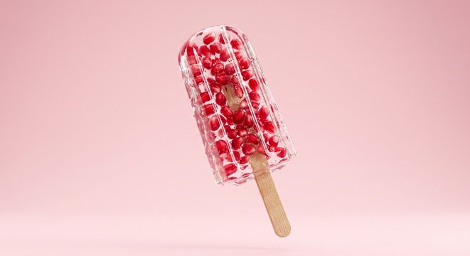 Floating Clear Ice Popsicle With Ruby Red Pomegranate Seeds On Pink Background
