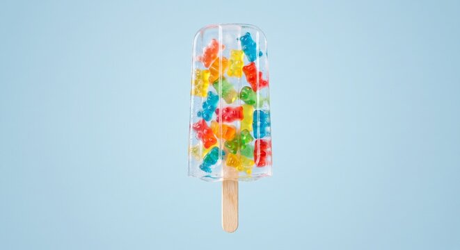 Transparent Ice Popsicle Filled With Colorful Gummy Bears On Baby Blue Background
