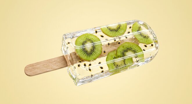 Transparent Ice Popsicle With Kiwi Slices And Passionfruit Seeds On Yellow Background