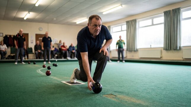 Man playing indoor bowls in competitive session focused on the game