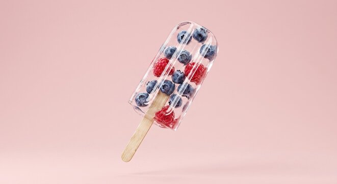 Floating Transparent Ice Popsicle With Blueberries And Raspberries On Pink Background