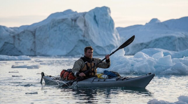 Man kayaking in icy waters during solo polar expedition adventure