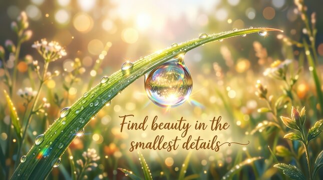 Macro close-up of a dewdrop on a blade of grass reflecting sunlight, with soft bokeh background and inspirational text.