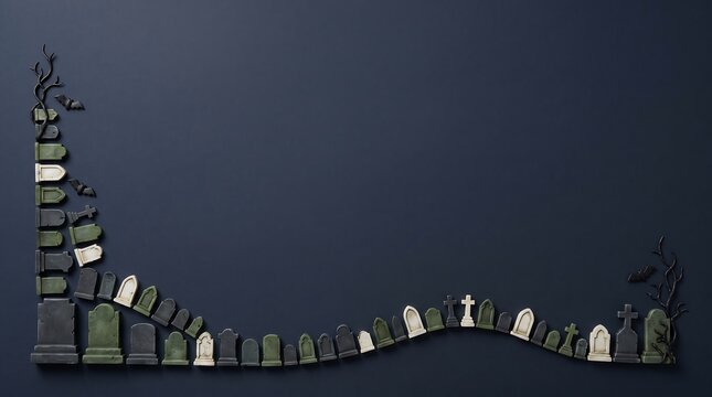 Collection of various miniature tombstones arranged in a wave pattern on a dark background with tombstone cemetery halloween gravestone miniature background graveyard