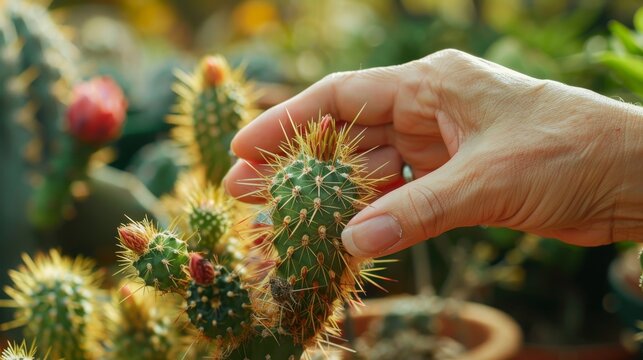 Close-up of a hand touching cactus spines with people engaged in taking care of cacti plants. The interaction and care involved in maintaining these resilient plants in a serene garden environment.