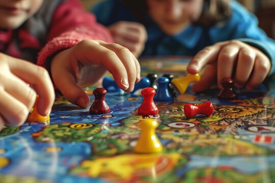 Children's hands engaged in a board game, fingers eagerly moving game pieces across the board, capturing the excitement and joy of playful competition