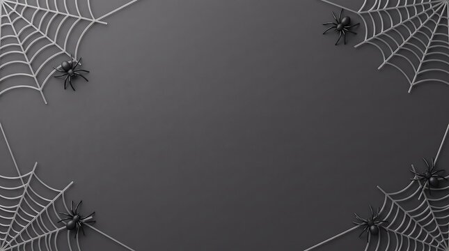 Artificial spider webs with black spiders in the four corners on a dark gray background halloween decoration artificial background arachnid seasonal celebration