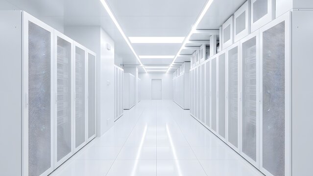 Endless white server room hallway with rows of computer racks