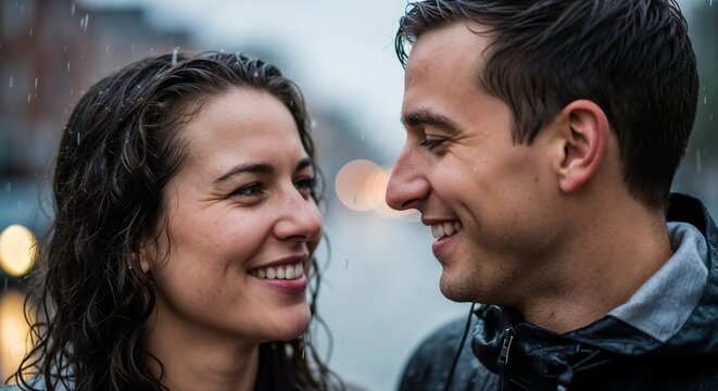 Couple dancing in rain with joyful expressions, embracing the moment despite wet weather. Couple shares intimate connection smiling at each other, embodying love and happiness in a rainy atmosphere.