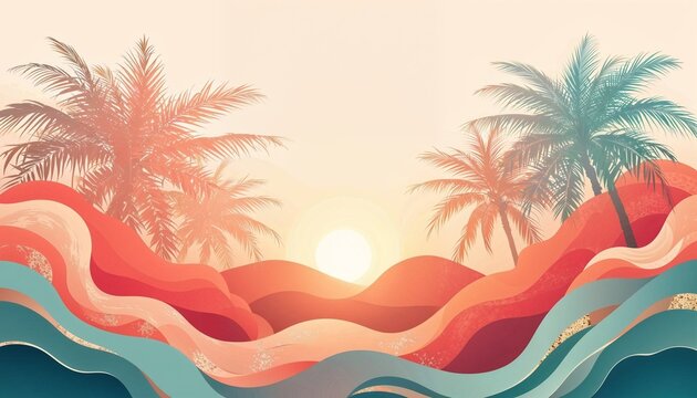 Tropical landscape with palm trees and stylized waves presents a scenic vector illustration