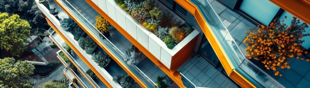 Eco-friendly building. Sustainable office building with garden on balconies for reducing carbon dioxide. Office building with green environment. Corporate building reduce CO2. Net zero building.
