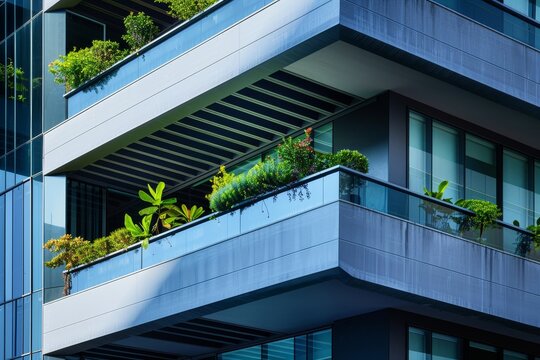 Eco-friendly building. Sustainable office building with garden on balconies for reducing carbon dioxide. Office building with green environment. Corporate building reduce CO2. Net zero building.