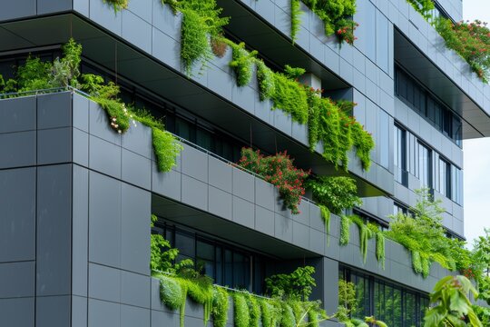 Eco-friendly building. Sustainable office building with garden on balconies for reducing carbon dioxide. Office building with green environment. Corporate building reduce CO2. Net zero building.