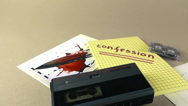 Vintage dictophone recording a suspect's confession on an old microcassette tape. Police evidence photos with a bloody knife and blood spatter lay on the detective's desk during the interrogation