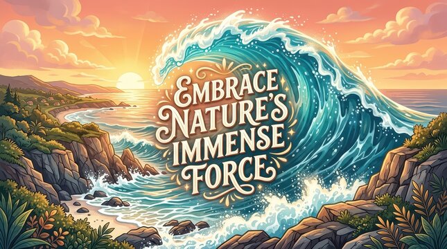 Majestic ocean wave crashing on a scenic coastline at sunset with inspirational text "Embrace Nature's Immense Force"