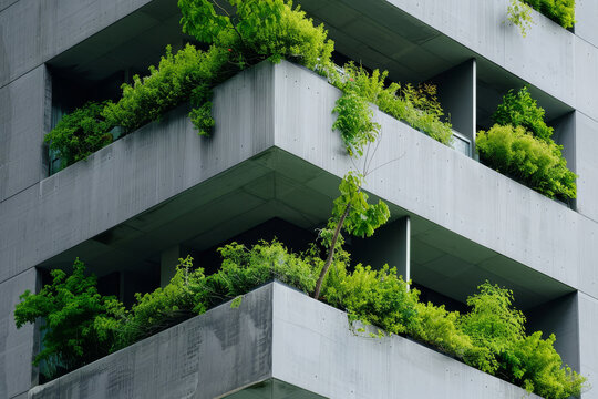 Eco-friendly building. Sustainable office building with garden on balconies for reducing carbon dioxide. Office building with green environment. Corporate building reduce CO2. Net zero building.
