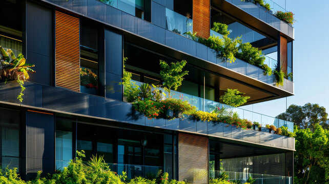 Eco-friendly building. Sustainable office building with garden on balconies for reducing carbon dioxide. Office building with green environment. Corporate building reduce CO2. Net zero building.