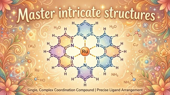 Master intricate structures: complex coordination compound with ruthenium, showing precise ligand arrangement and molecular bonds in a colorful scienc