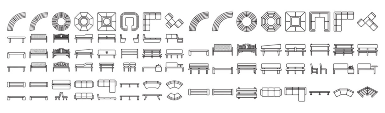 Bench and Sofa Top View Icon Set &ndash; Modular Seating Furniture Vector Line Icons
