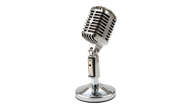 Classic vintage metallic silver vocal microphone isolated retro audio hardware recording equipment