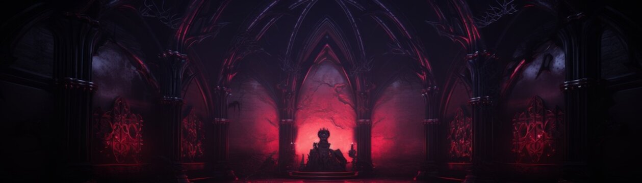 A gothic dark fantasy themed night club stage in 3D, with deep purple and red lights casting shadows to create a mysterious and enigmatic atmosphere