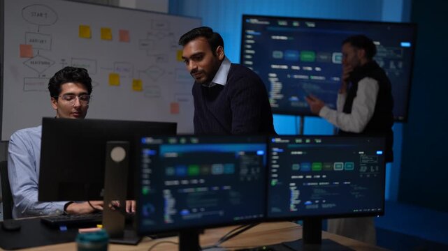 A seated programmer typing at a mechanical keyboard works in the foreground while two colleagues point at a wall display of the system architecture behind him in a dark tech office.